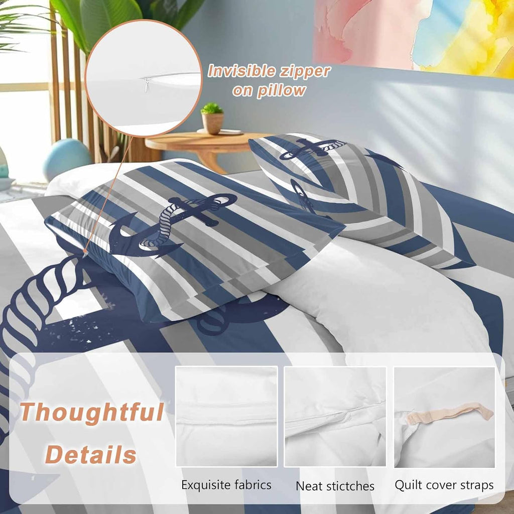 Nautical Anchor Duvet Cover Set Queen Size 4 Pieces Navy Blue Grey Stripe Modern Simplistic Striped Bedding Set with Zipper Closure, 1 Comforter Cover 90x92 Inches 1 Flat Sheet & 2 Pillow Cases