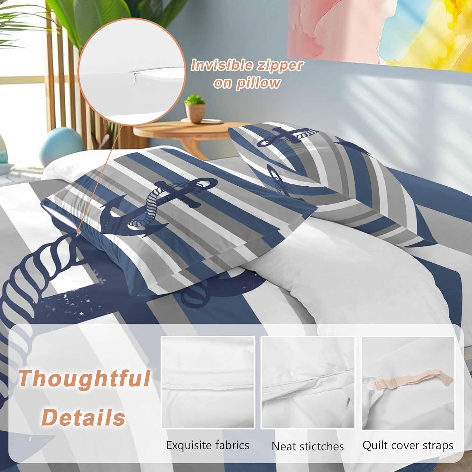 Nautical Anchor Duvet Cover Set Queen Size 4 Pieces Navy Blue Grey Stripe Modern Simplistic Striped Bedding Set with Zipper Closure, 1 Comforter Cover 90x92 Inches 1 Flat Sheet & 2 Pillow Cases