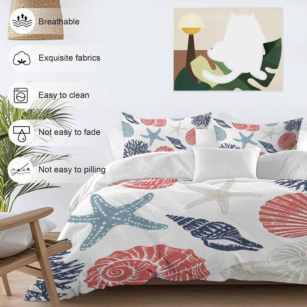 Summer Marine Life Duvet Cover Set Queen Size 4 Pieces Graffiti Red Corals Shell Conch Blue Starfish Bedding Set with Zipper Closure, 1 Comforter Cover 90x92 Inches 1 Flat Sheet & 2 Pillow Cases