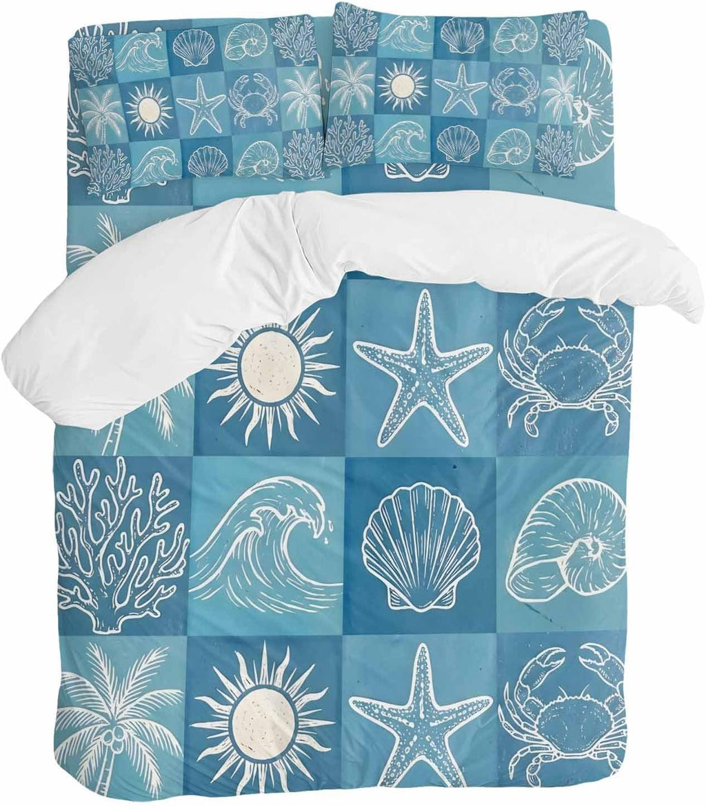 Prime Leader Blue Coastal Duvet Cover Set Queen Size 4 Pieces Summer Ocean Waves Shell Crab Coconut Tree Bedding Set with Zipper Closure, 1 Comforter Cover 86x86 Inches 1 Flat Sheet & 2 Pillow Cases