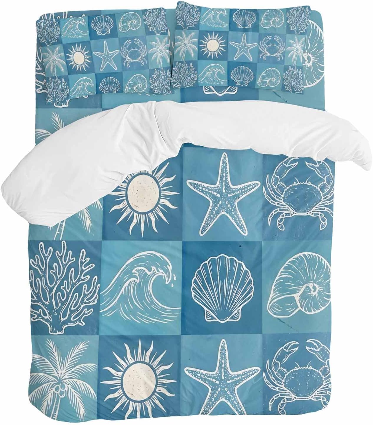 Prime Leader Blue Coastal Duvet Cover Set Queen Size 4 Pieces Summer Ocean Waves Shell Crab Coconut Tree Bedding Set with Zipper Closure, 1 Comforter Cover 86x86 Inches 1 Flat Sheet & 2 Pillow Cases