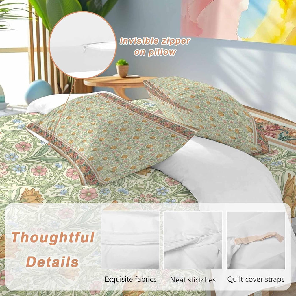 Prime Leader Flowers Duvet Cover Set Queen Size 4 Pieces Ethnic Abstract Yellow Pink Floral Green Leaf Bedding Set with Zipper Closure, 1 Comforter Cover 90x92 Inches 1 Flat Sheet & 2 Pillow Cases