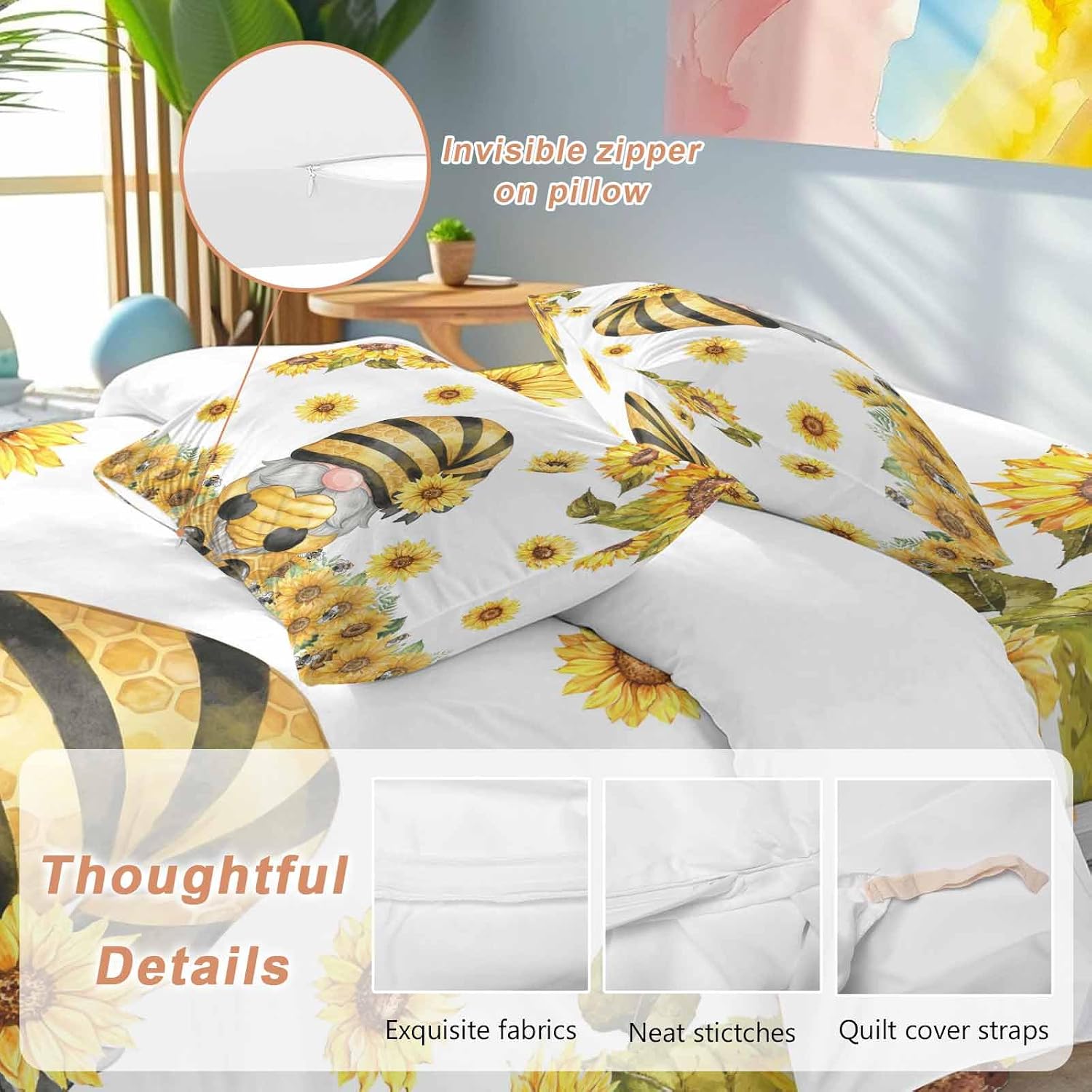 Summer Floral Duvet Cover Set Queen Size 4 Pieces Watercolor Sunflower Cartoon Gnome Farm Bee Bedding Set with Zipper Closure, 1 Comforter Cover 86x86 Inches 1 Flat Sheet & 2 Pillow Cases