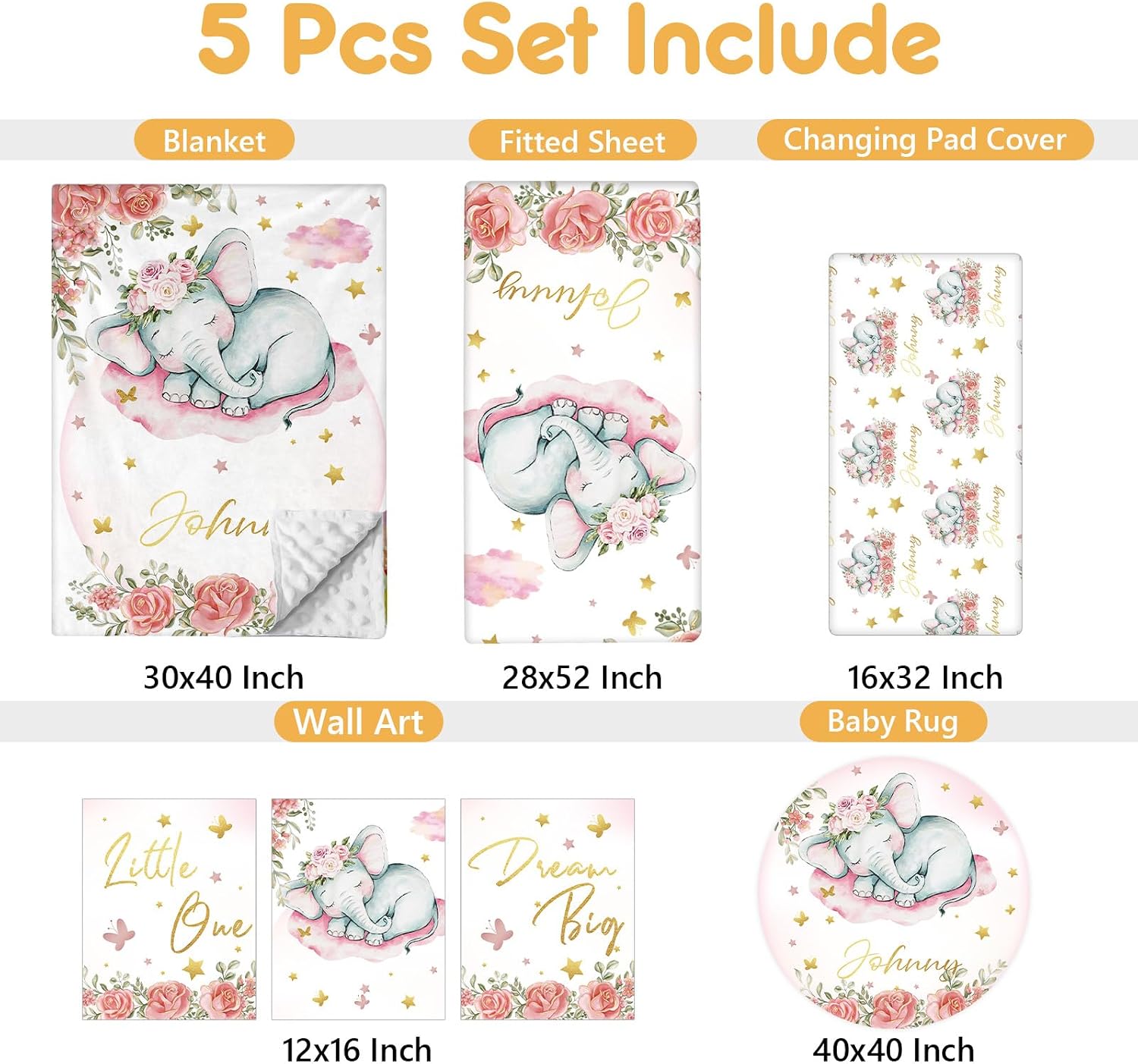 Terwex Custom Baby Crib Bedding Set, 5 Pcs Personalized Name Baby Crib Sets for Infant Toddler, Floral Elephant Nursery Bedding Set for Baby Girls, Double Layer Baby Bedding Sets Customized Gifts