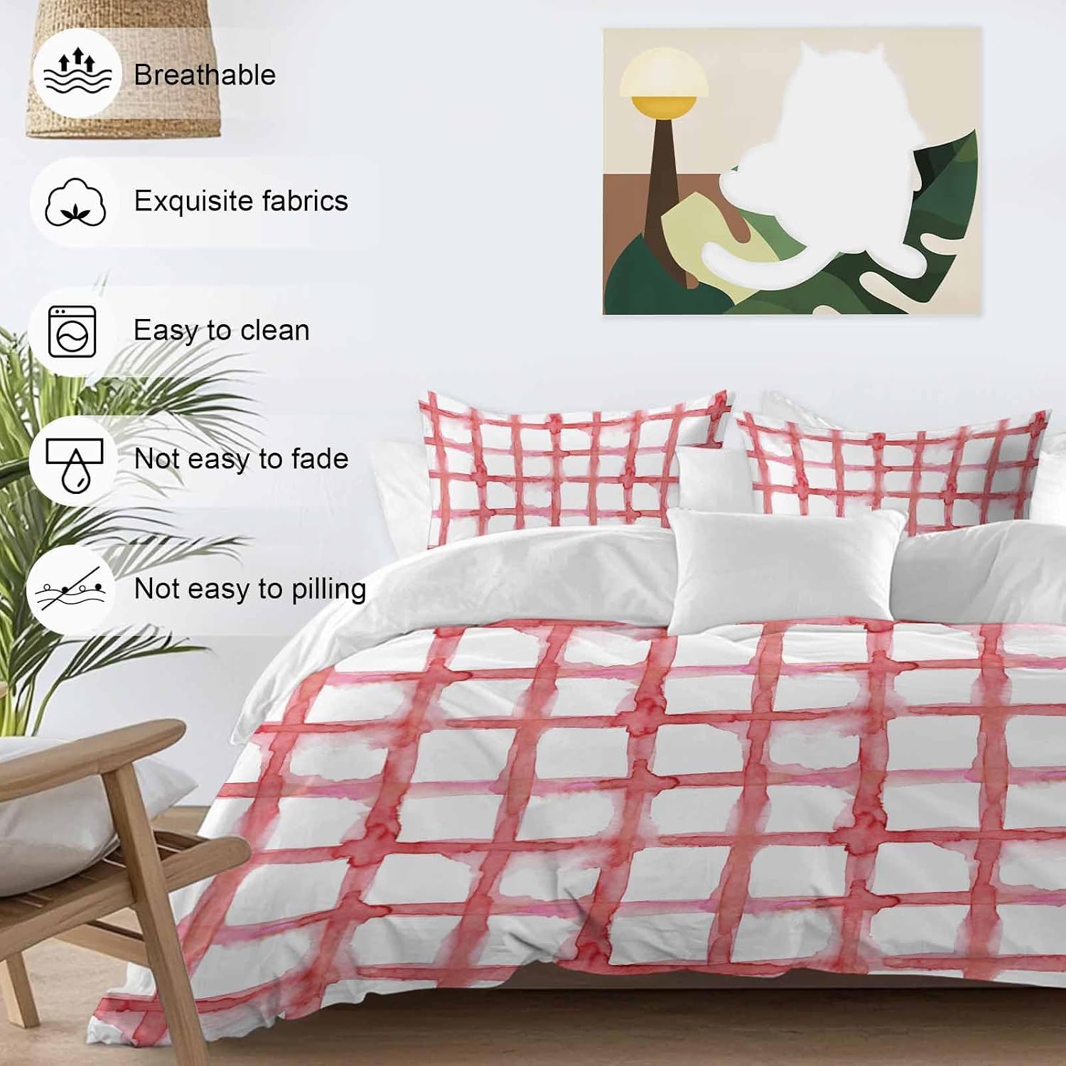 Retro Red Checkered Duvet Cover Set Queen Size 4 Pieces Watercolor Lines Geometric Minimalist Bedding Set with Zipper Closure, 1 Comforter Cover 92x106 Inches 1 Flat Sheet & 2 Pillow Cases