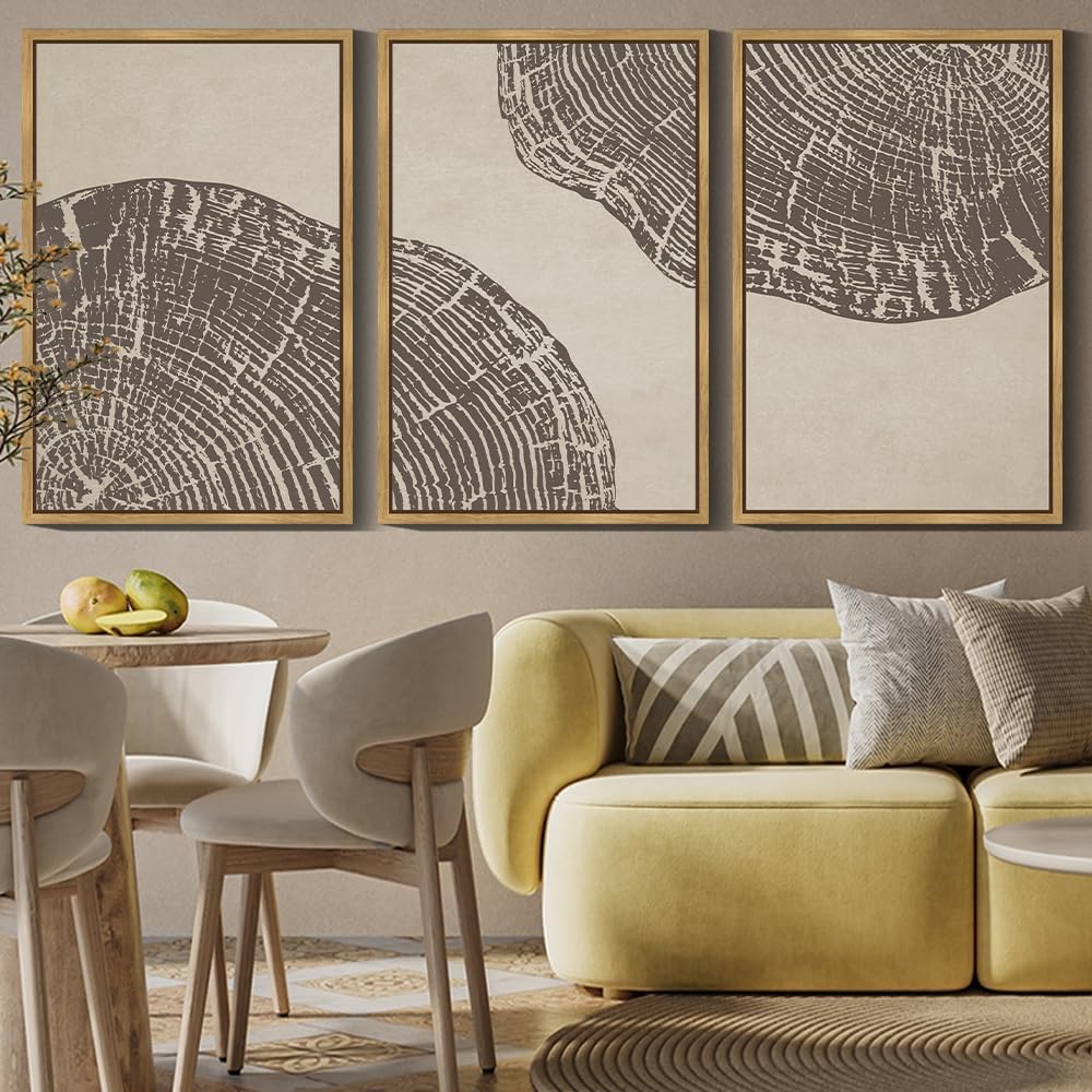 PHOPAGO Farmhouse Vintage Framed Wall Art Large 24x36in Set Gray Wood Tree Ring Spirals Nature Abstract Drawings Rustic Modern Art Decor for Living Room Bedroom - Natural Framed