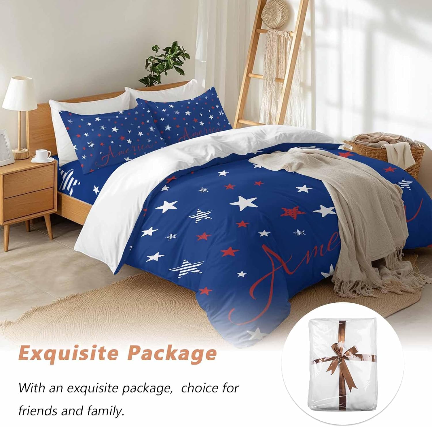 Independence Day Duvet Cover Set Queen Size 4 Pieces Blue White Pentagram America Blue Background Bedding Set with Zipper Closure, 1 Comforter Cover 90x92 Inches 1 Flat Sheet & 2 Pillow Cases