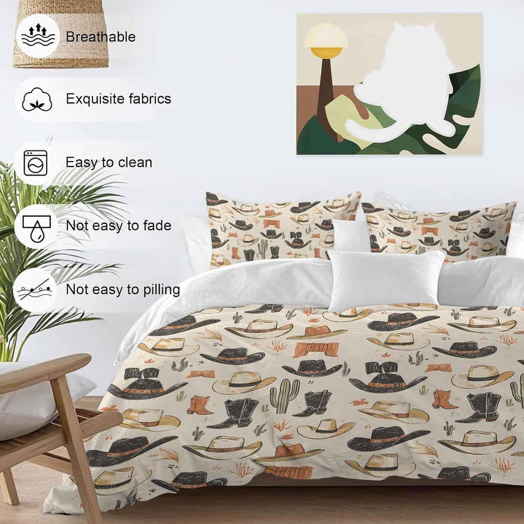 Prime Leader Western Cowboy Duvet Cover Set Queen Size 4 Pieces Boots Hat Vintage Desert Cactus Bedding Set with Zipper Closure, 1 Comforter Cover 90x92 Inches 1 Flat Sheet & 2 Pillow Cases