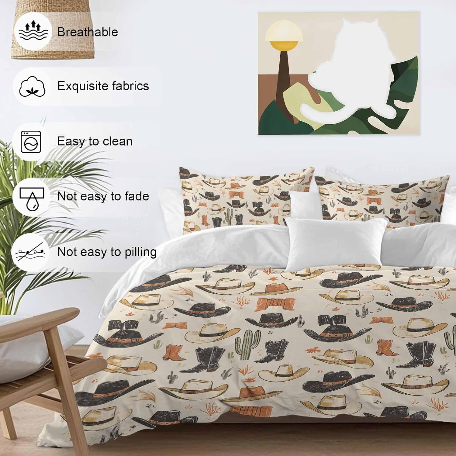 Prime Leader Western Cowboy Duvet Cover Set Queen Size 4 Pieces Boots Hat Vintage Desert Cactus Bedding Set with Zipper Closure, 1 Comforter Cover 90x92 Inches 1 Flat Sheet & 2 Pillow Cases