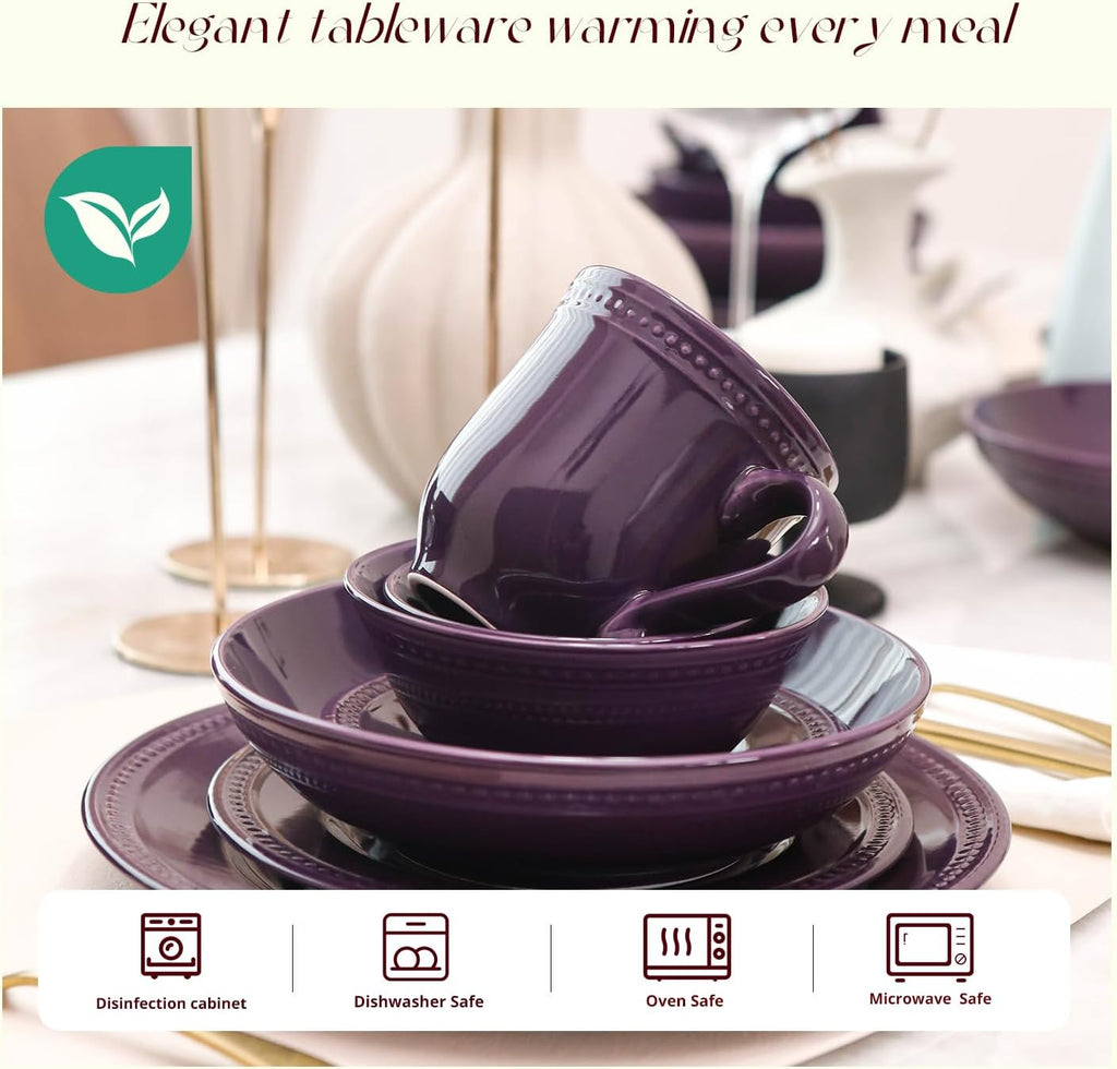 Pearl Dots Stoneware Dinnerware Set (Purple, 56pc Set)