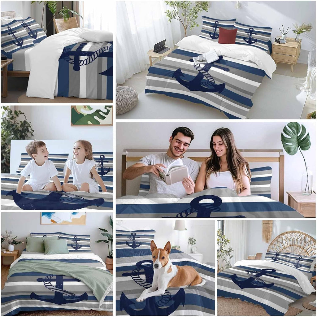Nautical Anchor Duvet Cover Set Queen Size 4 Pieces Navy Blue Grey Stripe Modern Simplistic Striped Bedding Set with Zipper Closure, 1 Comforter Cover 90x92 Inches 1 Flat Sheet & 2 Pillow Cases
