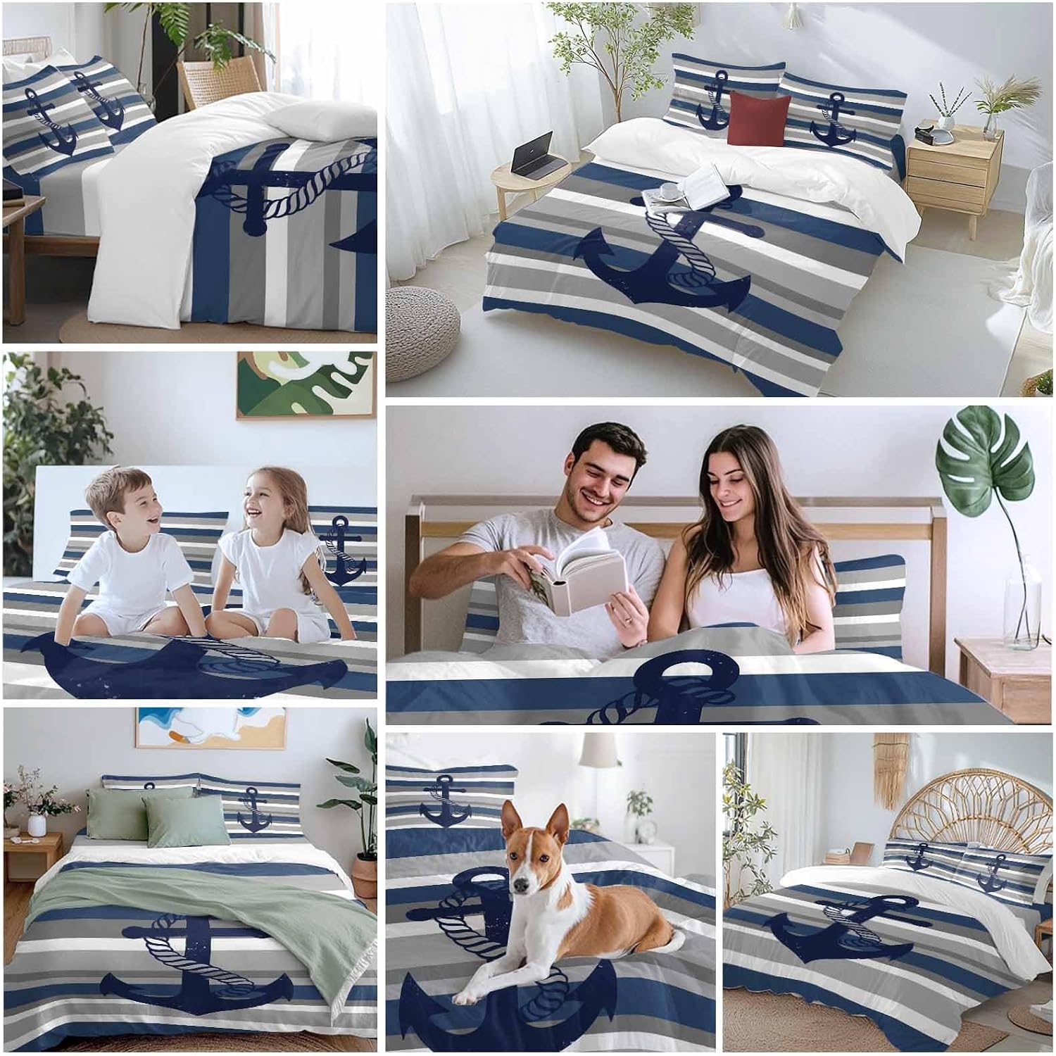 Nautical Anchor Duvet Cover Set Queen Size 4 Pieces Navy Blue Grey Stripe Modern Simplistic Striped Bedding Set with Zipper Closure, 1 Comforter Cover 90x92 Inches 1 Flat Sheet & 2 Pillow Cases