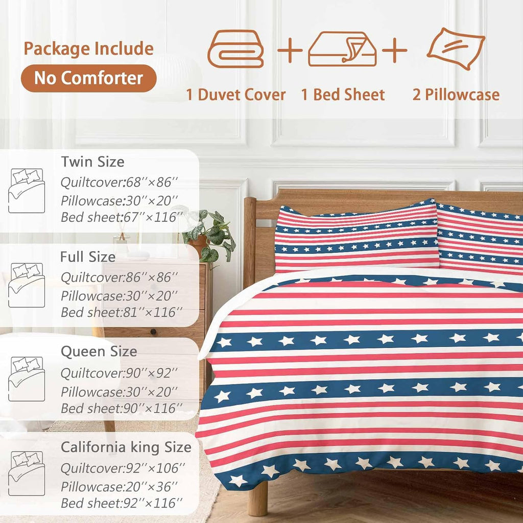 Prime Leader Independence Day Duvet Cover Set Queen Size 4 Pieces Watercolor Red White Blue Stripes White Bedding Set with Zipper Closure, 1 Comforter Cover 90x92 Inches 1 Flat Sheet & 2 Pillow Cases
