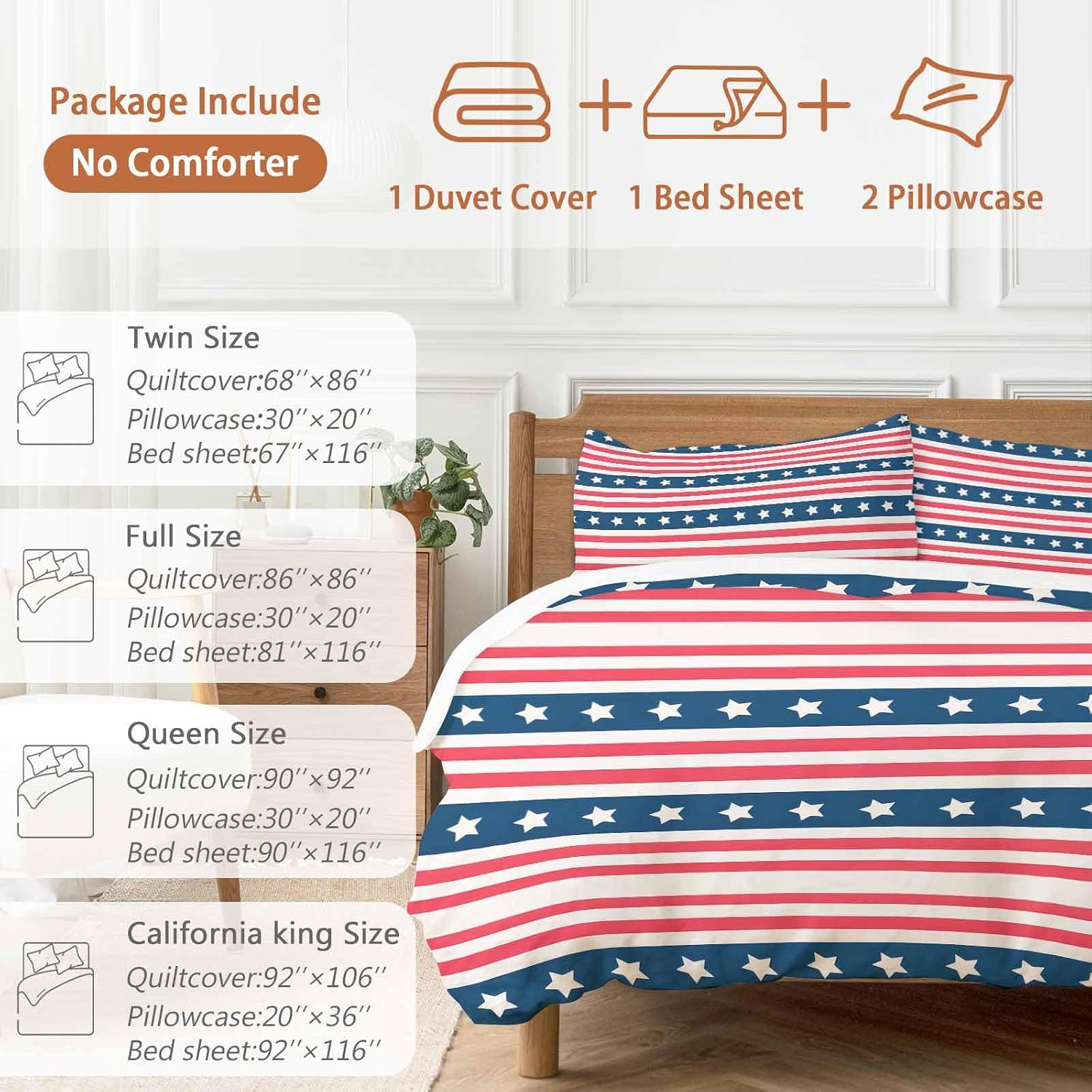 Prime Leader Independence Day Duvet Cover Set Queen Size 4 Pieces Watercolor Red White Blue Stripes White Bedding Set with Zipper Closure, 1 Comforter Cover 90x92 Inches 1 Flat Sheet & 2 Pillow Cases