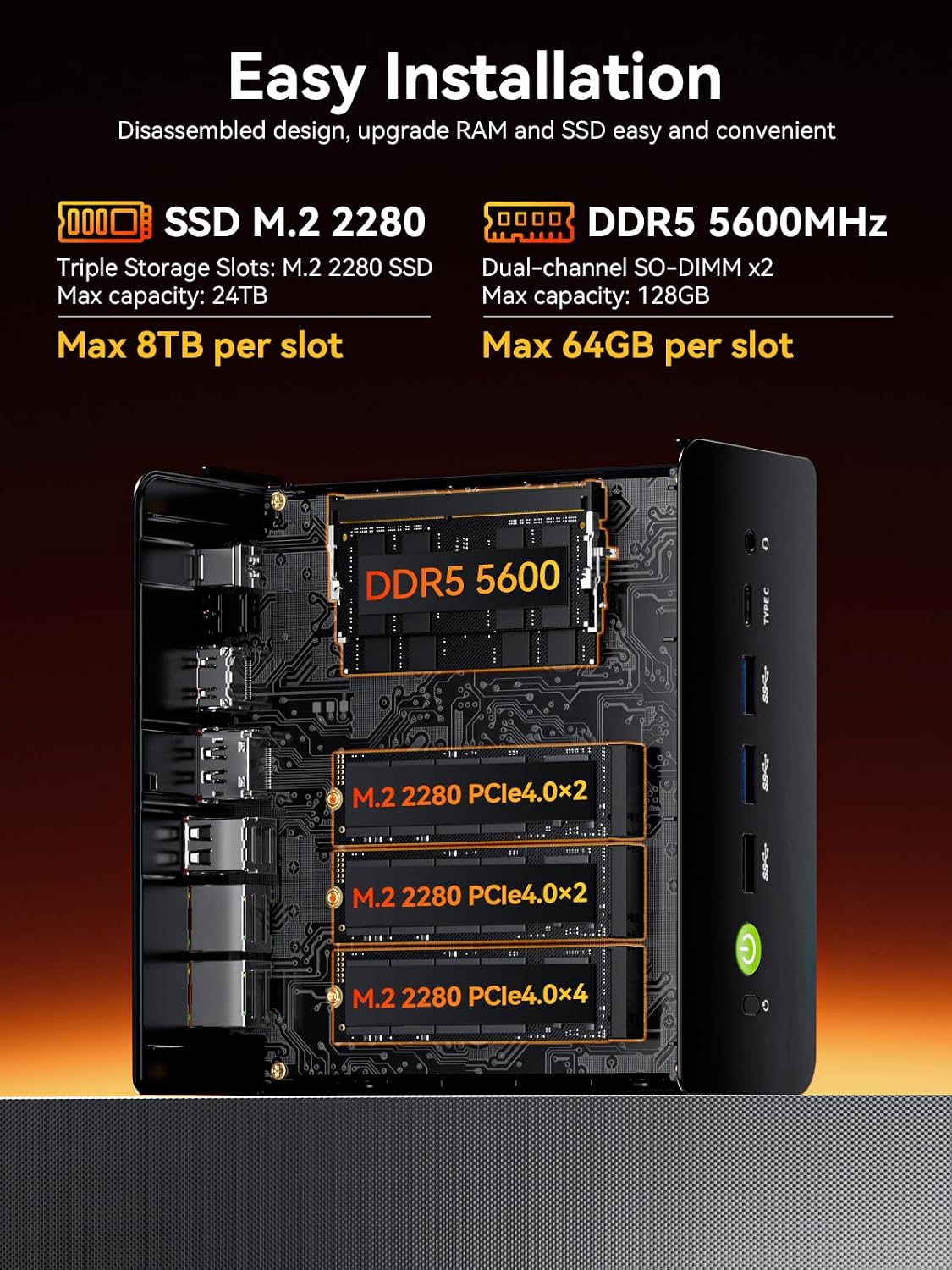 GMKtec K12 Gaming Mini PC Barebone with Ryzen 7 H 255 (Upgraded 8745HS,up to 4.9GHz), 3X M.2 2280 Storage Expansion, Oculink Port, Dual NIC 2.5G, Quad Display HDMI 2.1,DP1.4, USB4, No RAM/SSD/OS