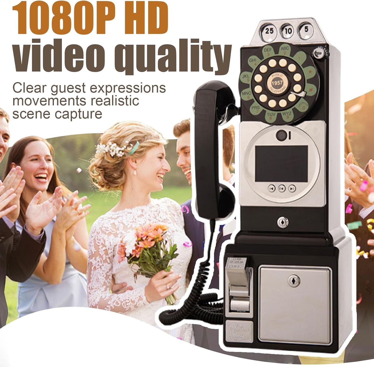 Video Audio Guest Book Phone, Wedding Guest Book with 1080P HD Recording, Retro Telephone Design, 32GB Storage, Perfect for Bridal Showers(Black)
