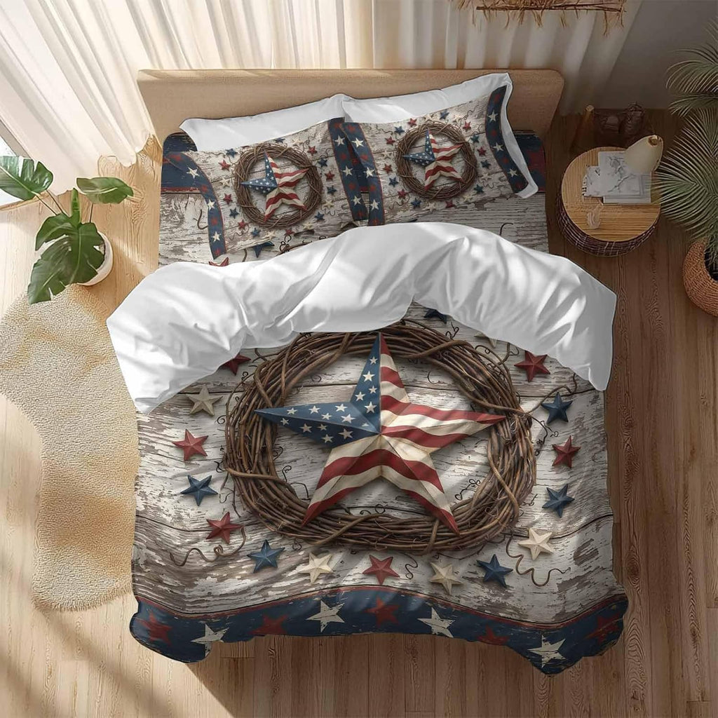Independence Day Duvet Cover Set Queen Size 4 Pieces Usa Flag Stars Vine Wreath Rustic Wood Grain Bedding Set with Zipper Closure, 1 Comforter Cover 90x92 Inches 1 Flat Sheet & 2 Pillow Cases