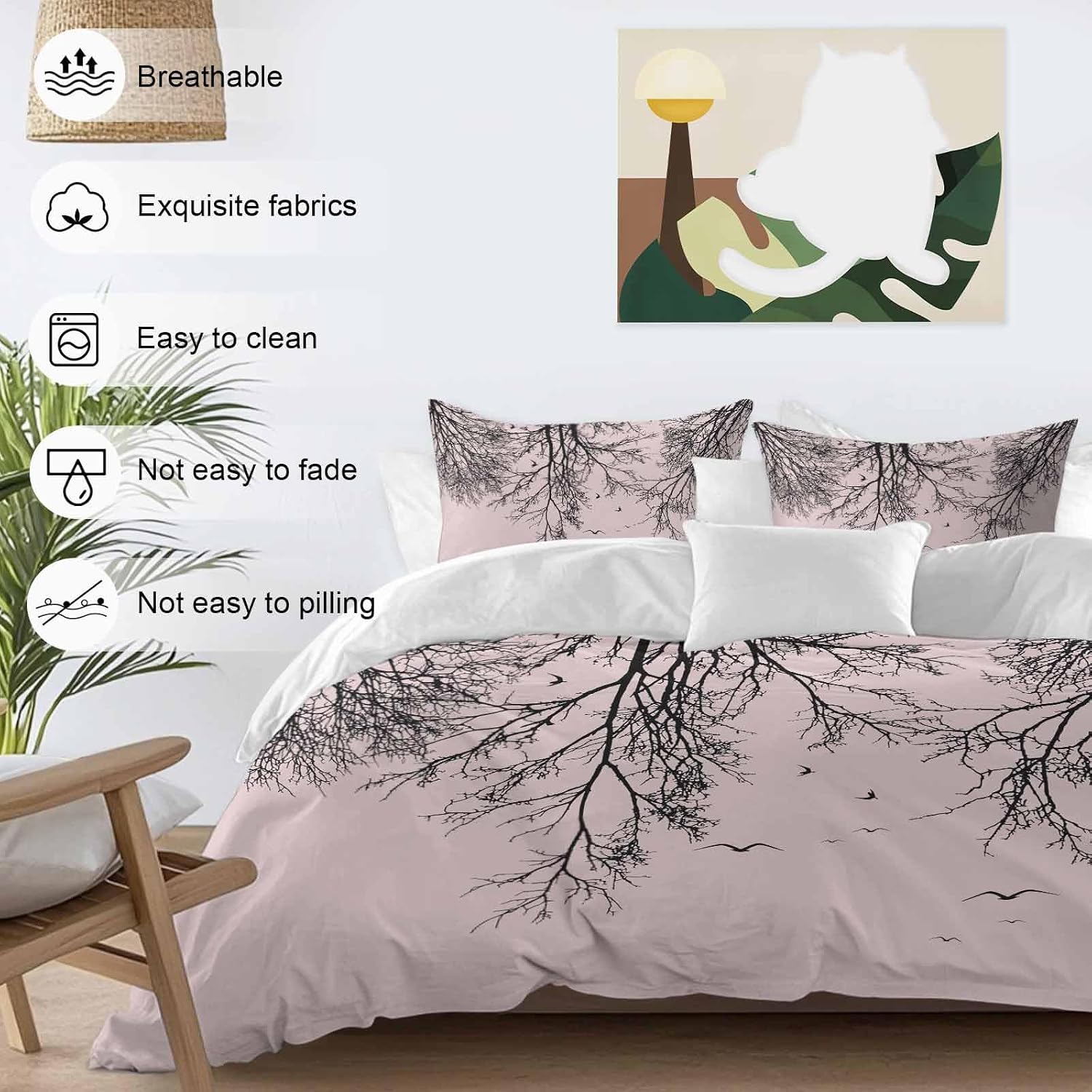 Prime Leader Tree Branches Bird Duvet Cover Set Queen Size 4 Pieces Pink Background Black Deadwood Bedding Set with Zipper Closure, 1 Comforter Cover 86x86 Inches 1 Flat Sheet & 2 Pillow Cases