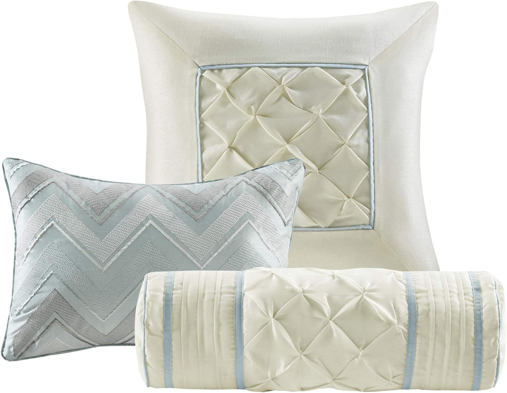 Madison Park Laurel Cal King Size Bed Comforter Set Bed In A Bag - Seafoam , Wrinkle Tufted Pleated – 7 Pieces Bedding Sets – Faux Silk Bedroom Comforters