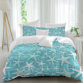 Summer Duvet Cover Set Queen Size 4 Pieces Coastal Watercolor Teal White Sea Starfish Wood Grain Bedding Set with Zipper Closure, 1 Comforter Cover 92x106 Inches 1 Flat Sheet & 2 Pillow Cases