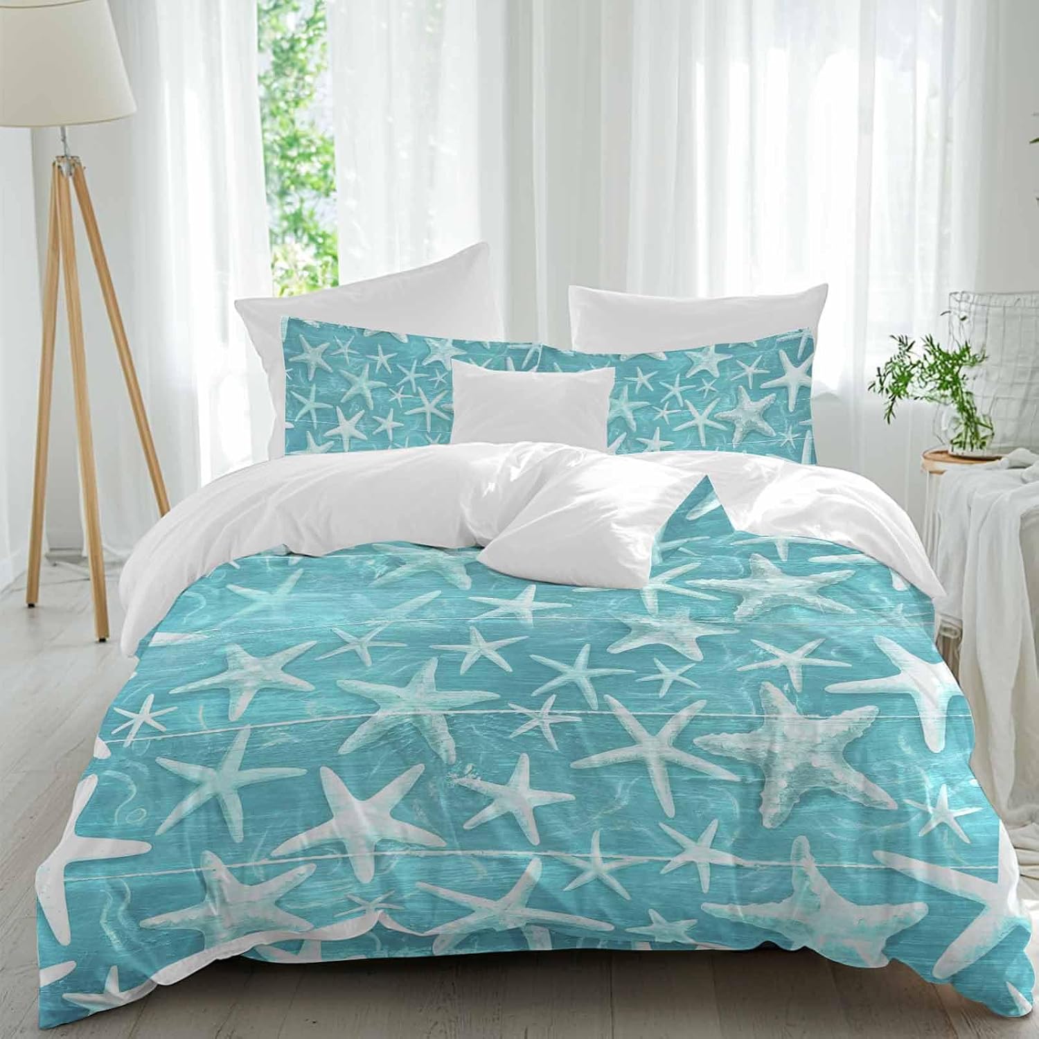 Summer Duvet Cover Set Queen Size 4 Pieces Coastal Watercolor Teal White Sea Starfish Wood Grain Bedding Set with Zipper Closure, 1 Comforter Cover 92x106 Inches 1 Flat Sheet & 2 Pillow Cases