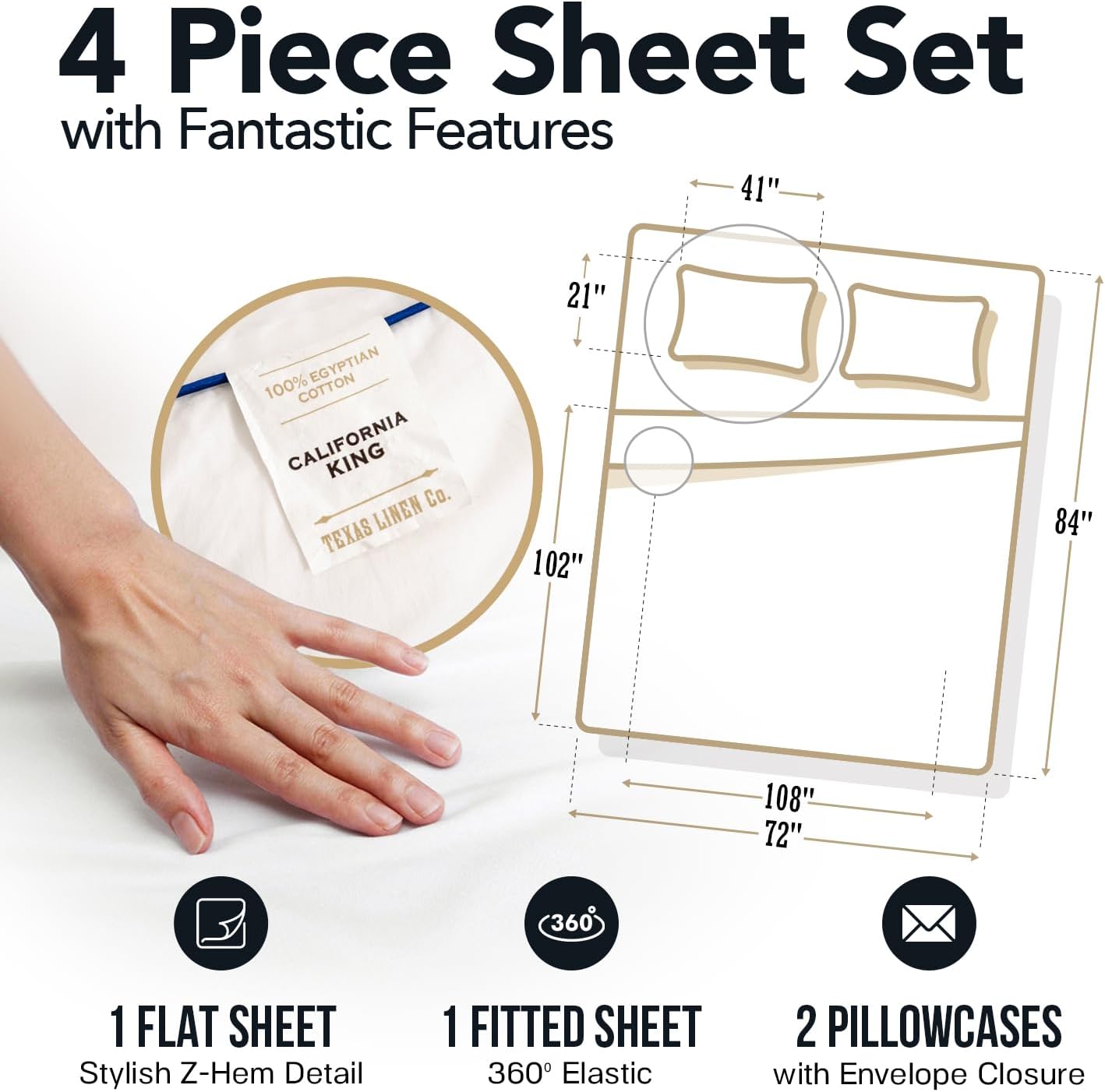 TEXAS LINEN CO. 100% Egyptian Cotton Sheets California King Size - Luxury 1500 Series Couture Comfortin' Collection Cal King Sheet Set Egyptian Cotton, (4 PC, White), 17' Deep Pocket Bedsheet Set