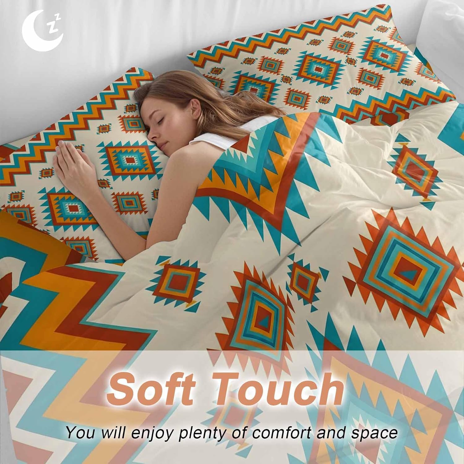 Prime Leader Bohemia Geometric Duvet Cover Set Queen Size 4 Pieces Western Teal Orange Beige Aztec Ethnic Bedding Set with Zipper Closure, 1 Comforter Cover 86x86 Inches 1 Flat Sheet & 2 Pillow Cases