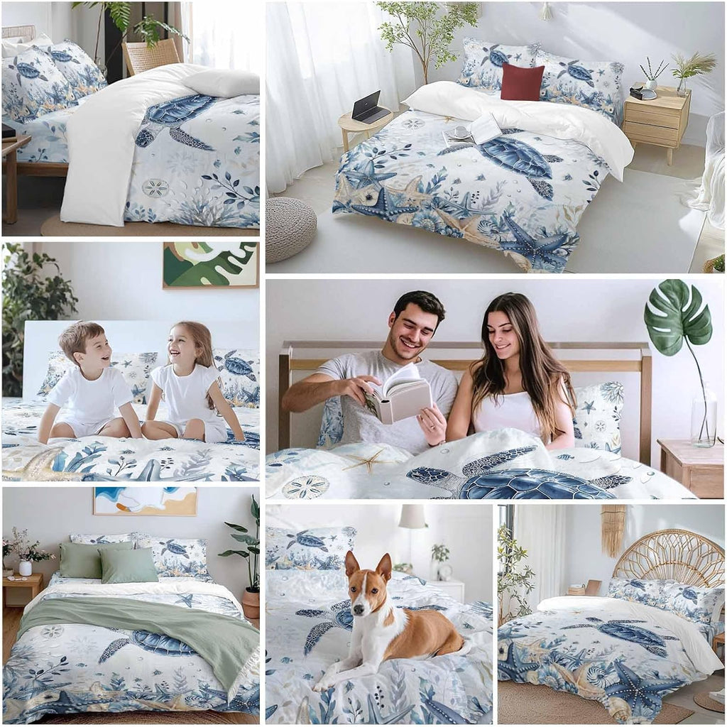 Prime Leader Ocean Turtles Duvet Cover Set Queen Size 4 Pieces Blue Yellow Sea Star Shell Coral Blue Bedding Set with Zipper Closure, 1 Comforter Cover 86x86 Inches 1 Flat Sheet & 2 Pillow Cases