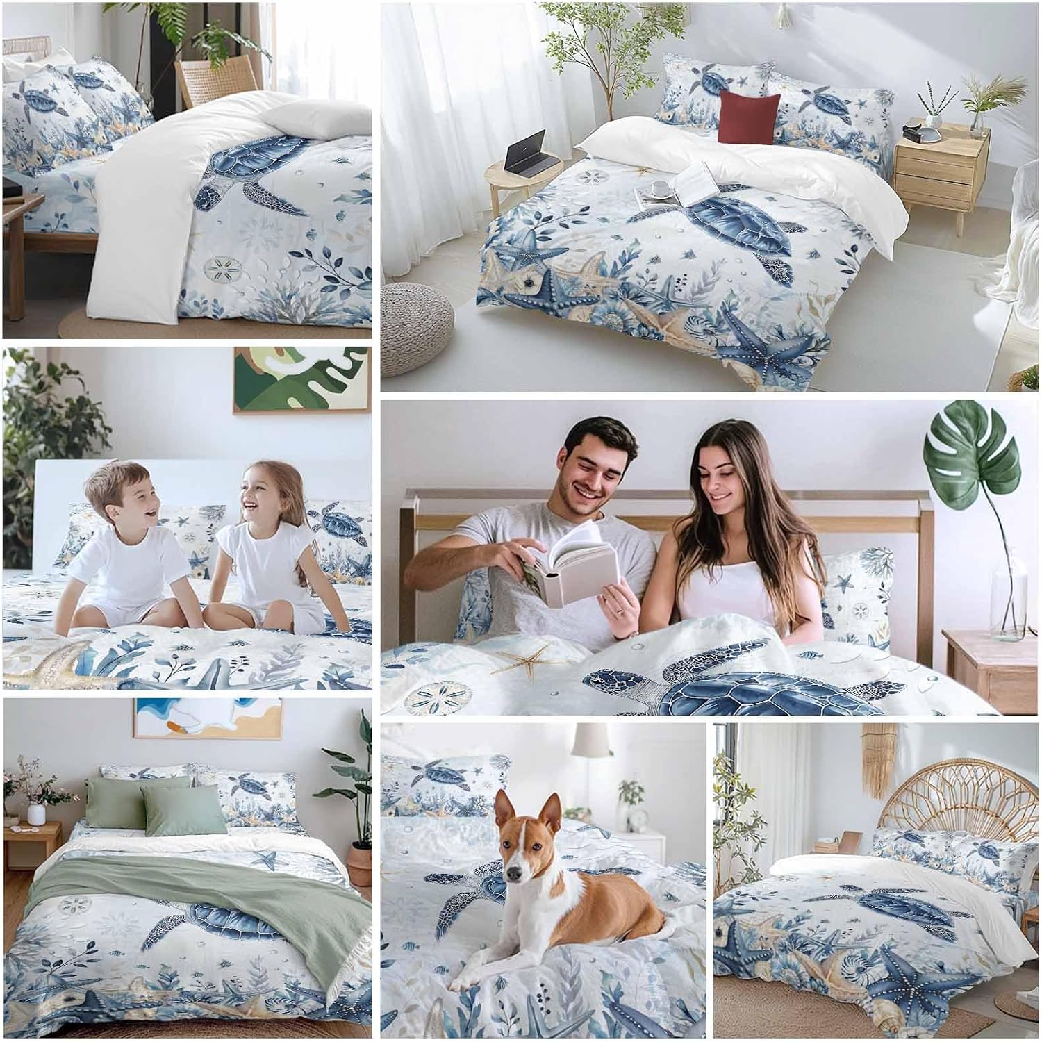 Prime Leader Ocean Turtles Duvet Cover Set Queen Size 4 Pieces Blue Yellow Sea Star Shell Coral Blue Bedding Set with Zipper Closure, 1 Comforter Cover 86x86 Inches 1 Flat Sheet & 2 Pillow Cases