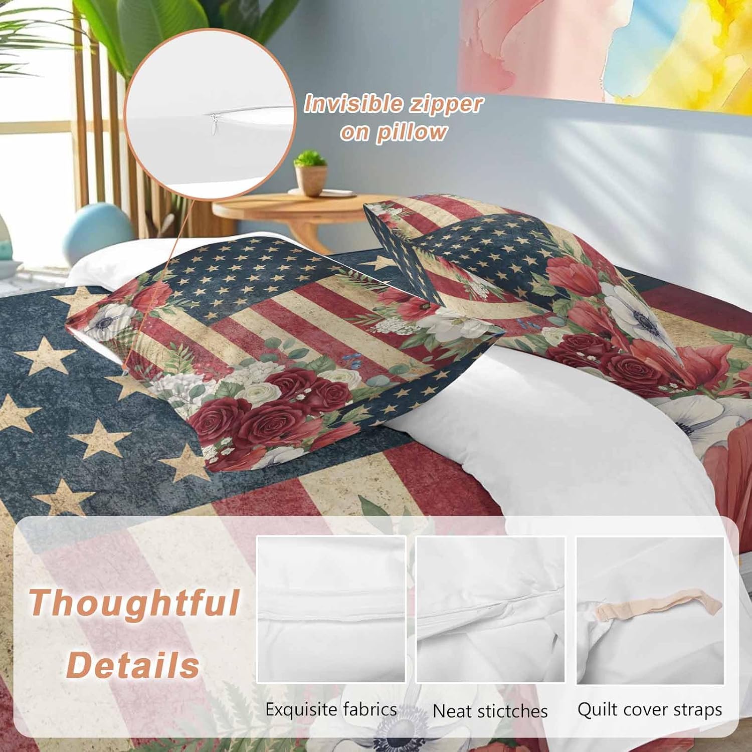 4th of July Duvet Cover Set Queen Size 4 Pieces Patriotic USA Flag Stars Red Flowers Leaf Rustic Bedding Set with Zipper Closure, 1 Comforter Cover 92x106 Inches 1 Flat Sheet & 2 Pillow Cases