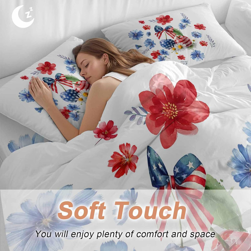 Independence Day Cherry Duvet Cover Set Queen Size 4 Pieces Patriotic Red Blue Star Flower Bow Leaf Bedding Set with Zipper Closure, 1 Comforter Cover 86x86 Inches 1 Flat Sheet & 2 Pillow Cases