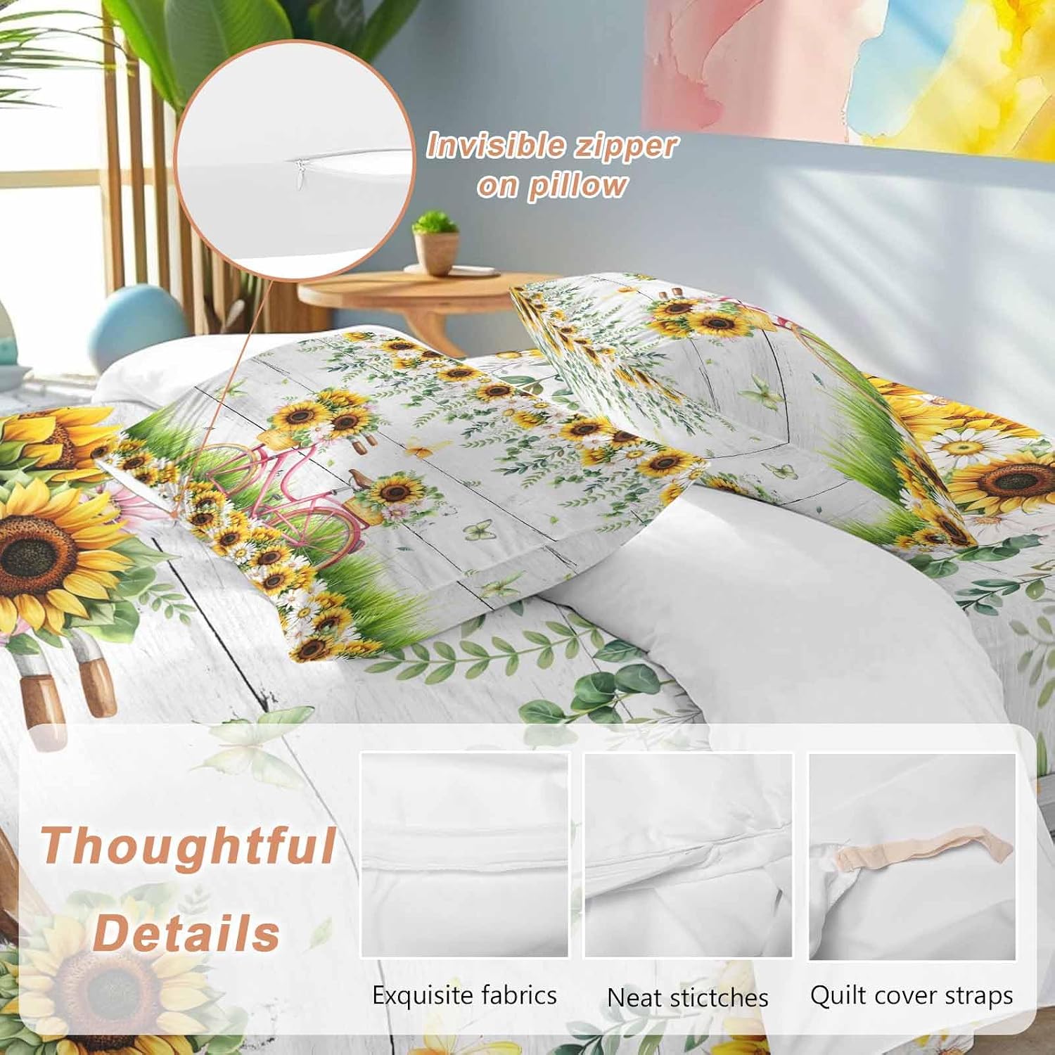 Spring Floral Duvet Cover Set Queen Size 4 Pieces Sunflower Daisy Bike Eucalyptus Leaves Grey Wood Bedding Set with Zipper Closure, 1 Comforter Cover 90x92 Inches 1 Flat Sheet & 2 Pillow Cases