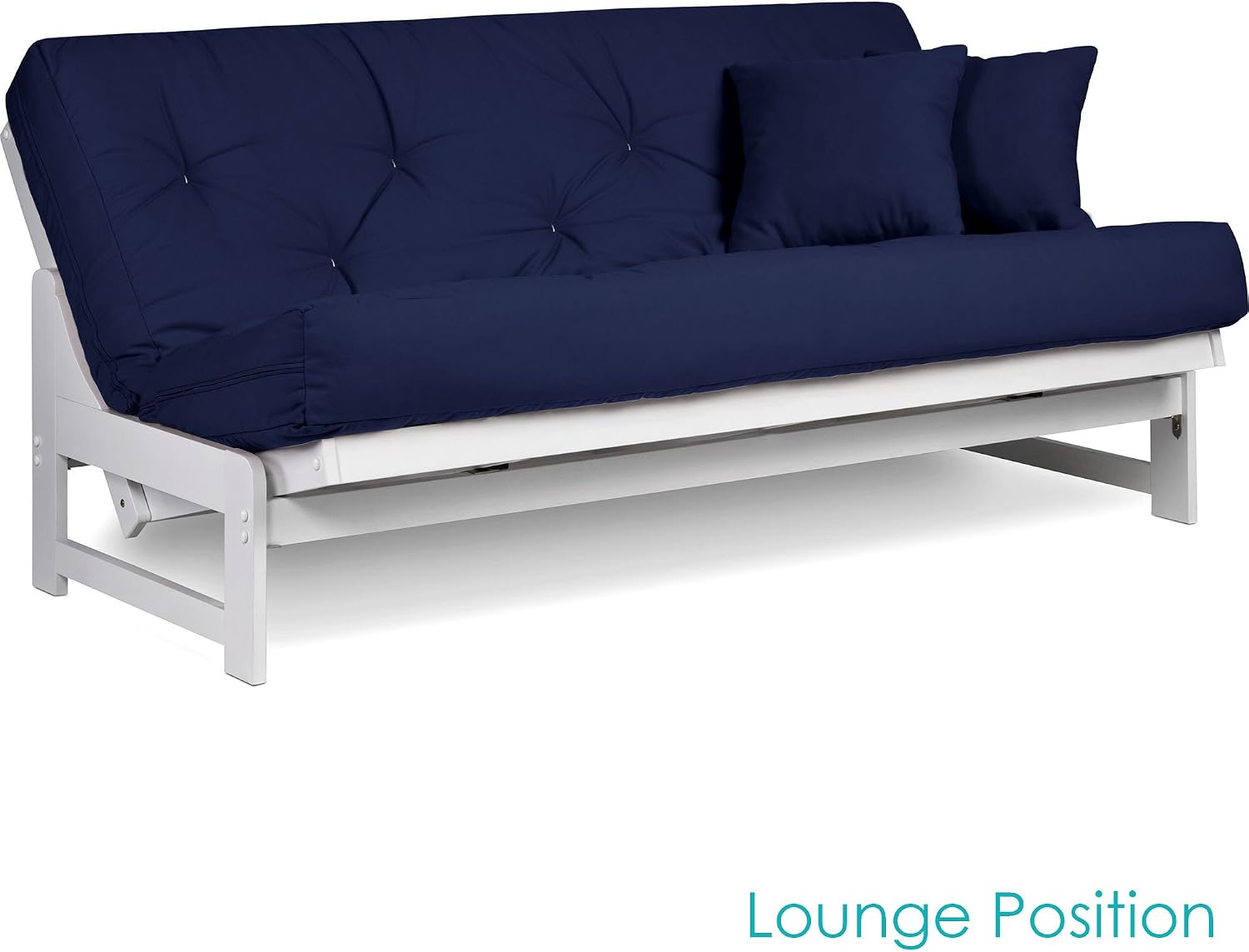 Nirvana Futons Arden White Futon Set Full or Queen Size - Armless Wood Futon Frame with Mattress Included (Twill Navy Blue), More Mattress Colors Available, Space Saving Modern Sofa Bed Sleeper