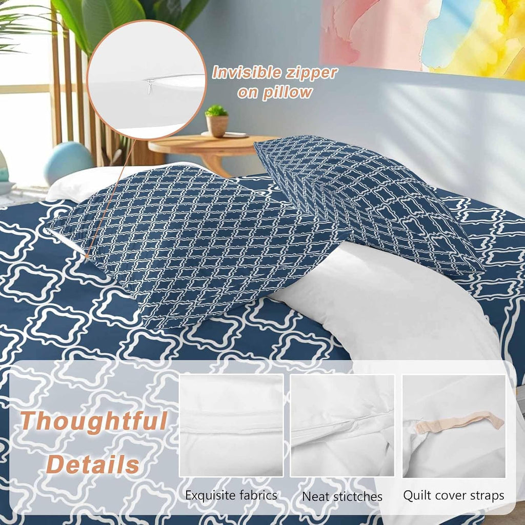 Prime Leader Blue White Plaid Duvet Cover Set Queen Size 4 Pieces Abstract Blue Morocco Texture Bedding Set with Zipper Closure, 1 Comforter Cover 90x92 Inches 1 Flat Sheet & 2 Pillow Cases