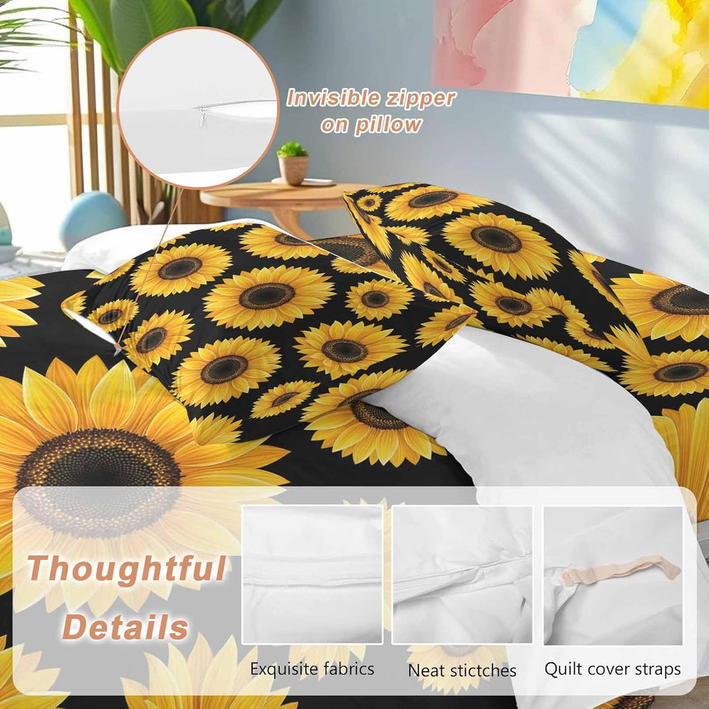 Yellow Sunflowers Duvet Cover Set Queen Size 4 Pieces Black Background Abstract Vintage Floral Bedding Set with Zipper Closure, 1 Comforter Cover 90x92 Inches 1 Flat Sheet & 2 Pillow Cases