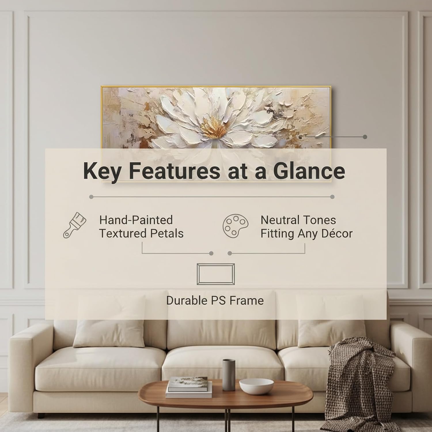 Hand-Painted Flower Canvas Oil Painting for Living Room, Large White Floral Canvas Wall Art for Bedroom,Gold Framed 3D Textured Painting for Office Kitchen Home Decoration 24x56 inches