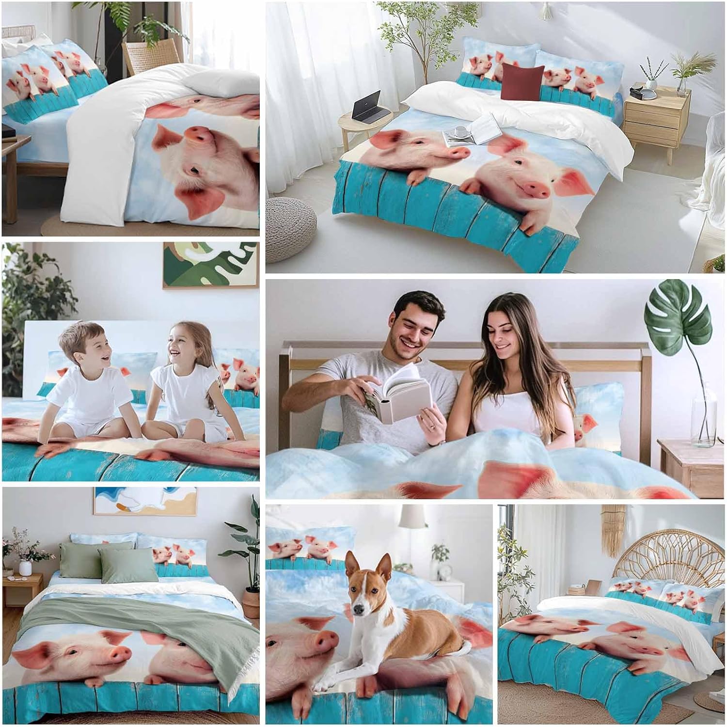 Prime Leader Pigs Duvet Cover Set Queen Size 4 Pieces Farmhouse Cute Pigs Blue Wooden Fence Blue Sky Bedding Set with Zipper Closure, 1 Comforter Cover 90x92 Inches 1 Flat Sheet & 2 Pillow Cases