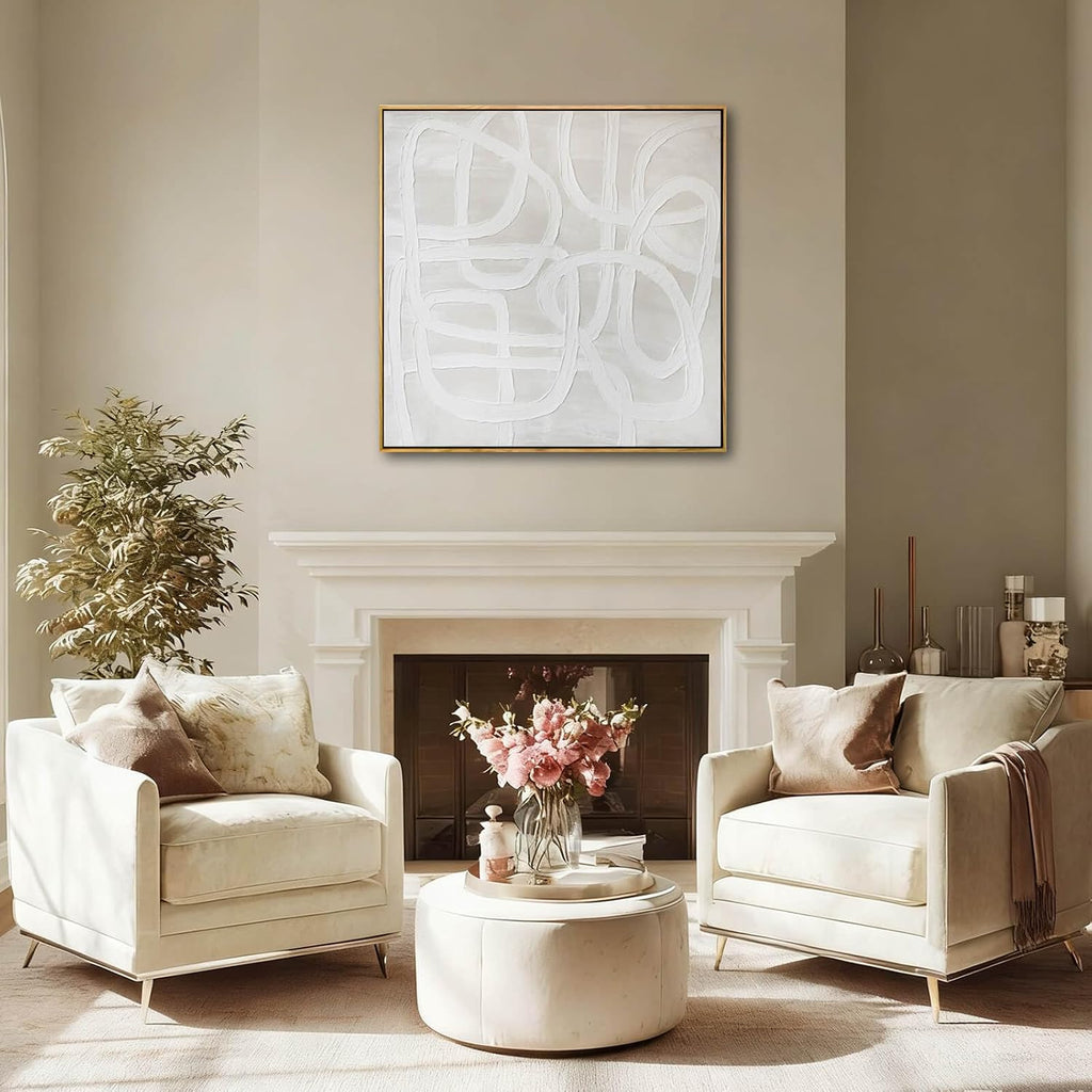 Neutral Abstract Line Wall Art, Framed Canvas Print, Beige Minimalist Modern Decor for Living Room Bedroom Office, Ready to Hang, 40x40 Inch
