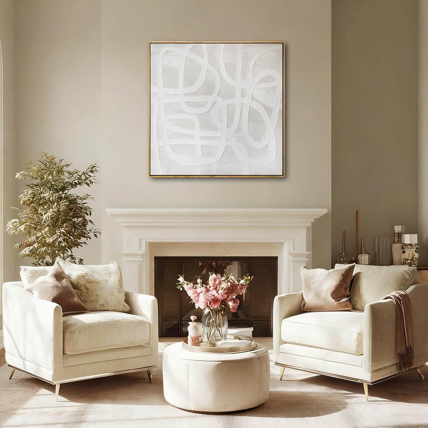 Neutral Abstract Line Wall Art, Framed Canvas Print, Beige Minimalist Modern Decor for Living Room Bedroom Office, Ready to Hang, 40x40 Inch