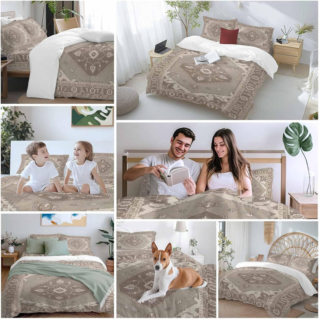 Ethnic Art Boho Duvet Cover Set Queen Size 4 Pieces Abstract Geometric Brown Flower Pattern Retro Border Bedding Set with Zipper Closure, 1 Comforter Cover 86x86 Inches 1 Flat Sheet & 2 Pillow Cases