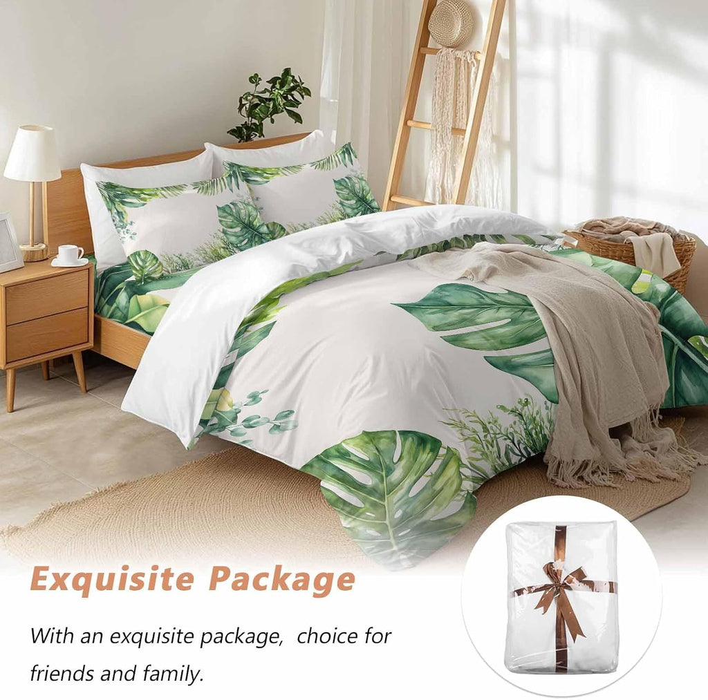 Tropical Leaf Duvet Cover Set Queen Size 4 Pieces Palms Monstera Leaves Green Plant Botanical Bedding Set with Zipper Closure, 1 Comforter Cover 86x86 Inches 1 Flat Sheet & 2 Pillow Cases