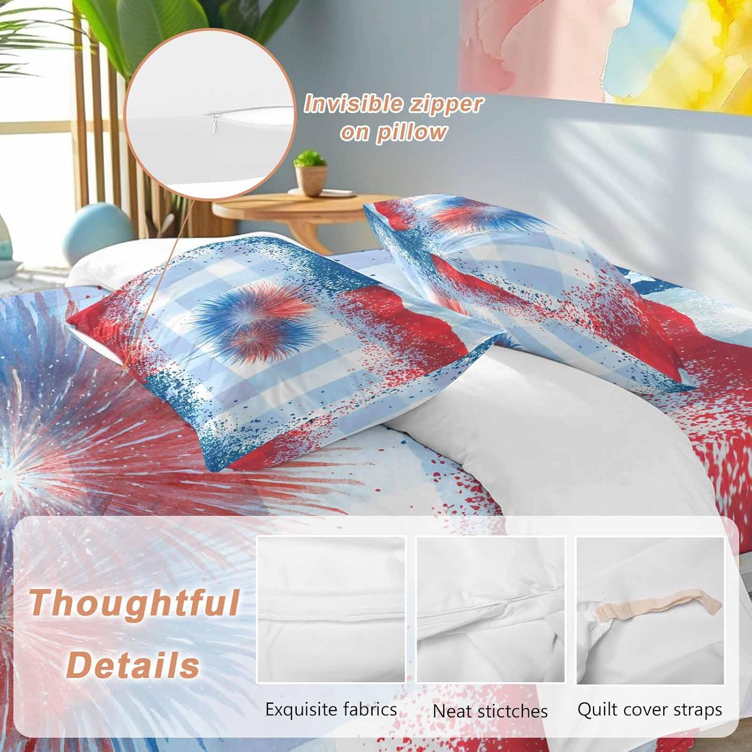 Independence Day Firework Duvet Cover Set Queen Size 4 Pieces 4th of July American Flag Blue Plaid Bedding Set with Zipper Closure, 1 Comforter Cover 86x86 Inches 1 Flat Sheet & 2 Pillow Cases