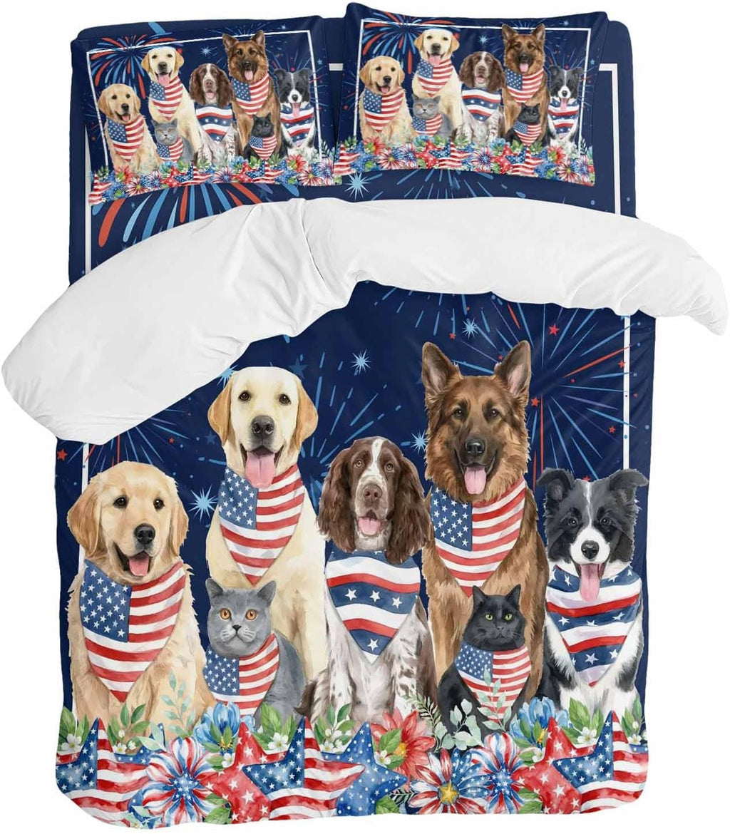 Independence Day Dog Cat Duvet Cover Set Queen Size 4 Pieces Watercolor Red Blue Stripe Star Flag Firework Blue Bedding Set with Zipper Closure,1 Comforter Cover 86x86 Inch 1 Flat Sheet&2 Pillow Cases