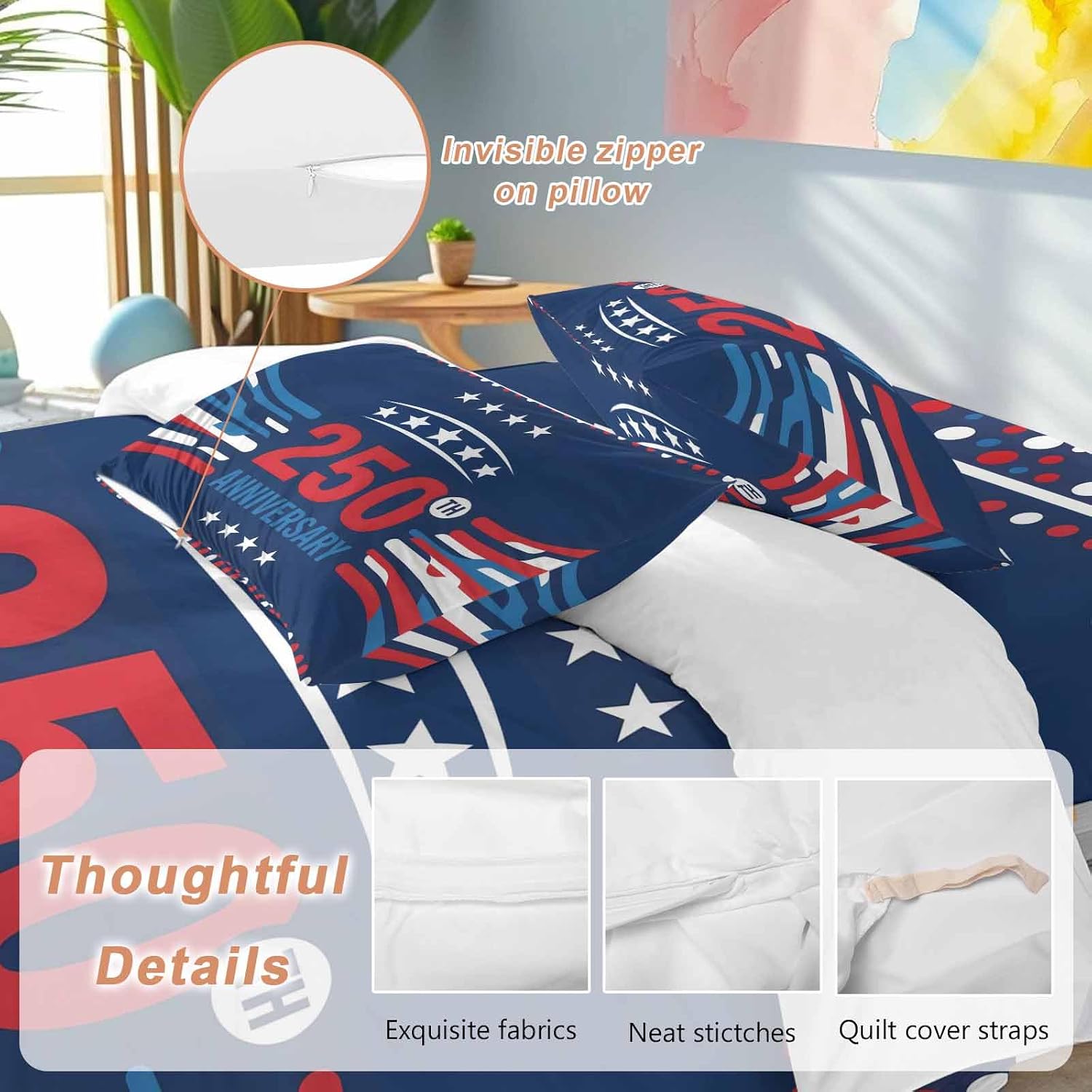 USA 250th Anniversary Duvet Cover Set Queen Size 4 Pieces Polka Dots Star Independence Day Navy Blue Bedding Set with Zipper Closure, 1 Comforter Cover 90x92 Inches 1 Flat Sheet & 2 Pillow Cases