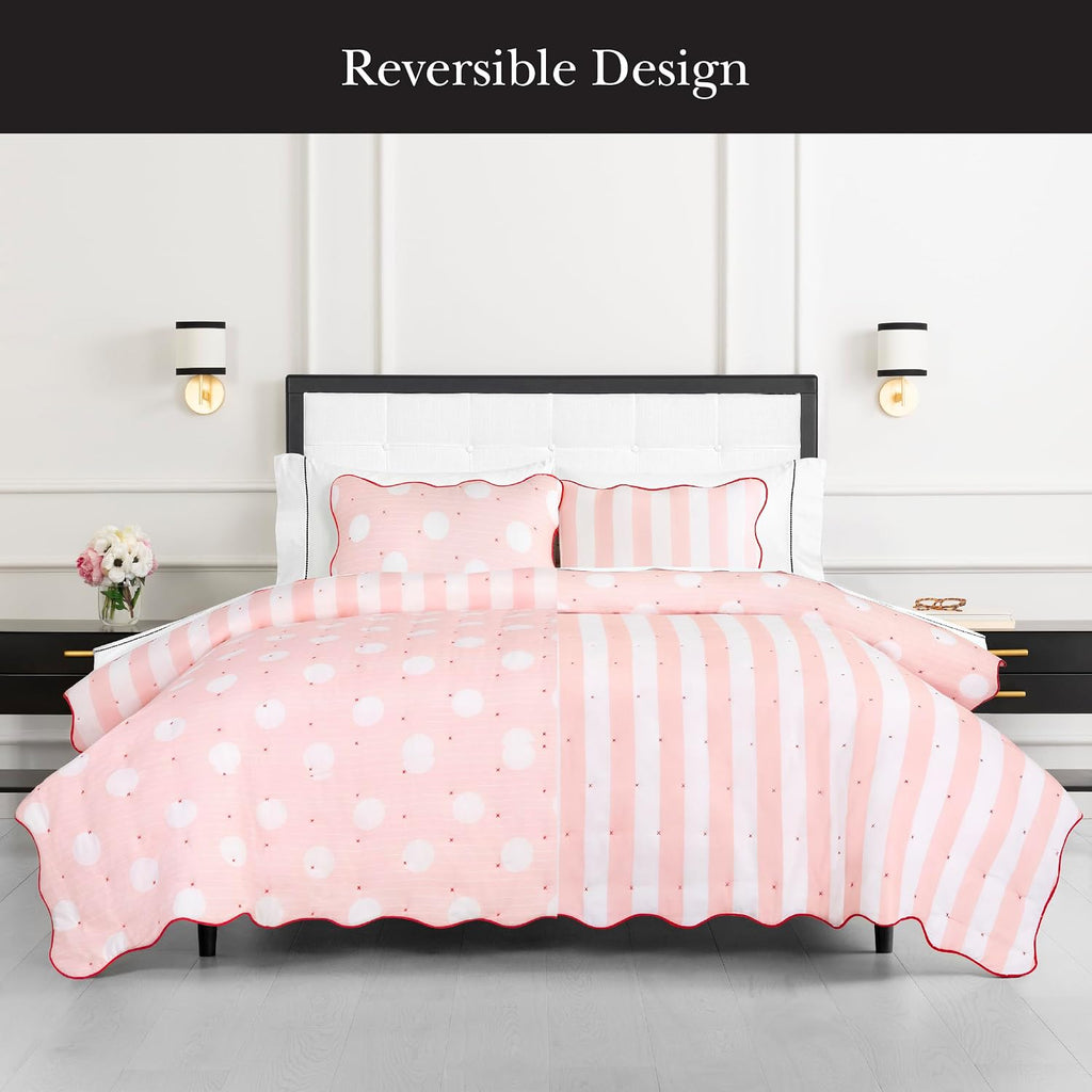 kate spade new york Stripe Dot 2-Piece Twin Quilt Bedding Set, 100% Cotton Reversible Cover, All Season Warmth Bedding, Machine Washable, Pink
