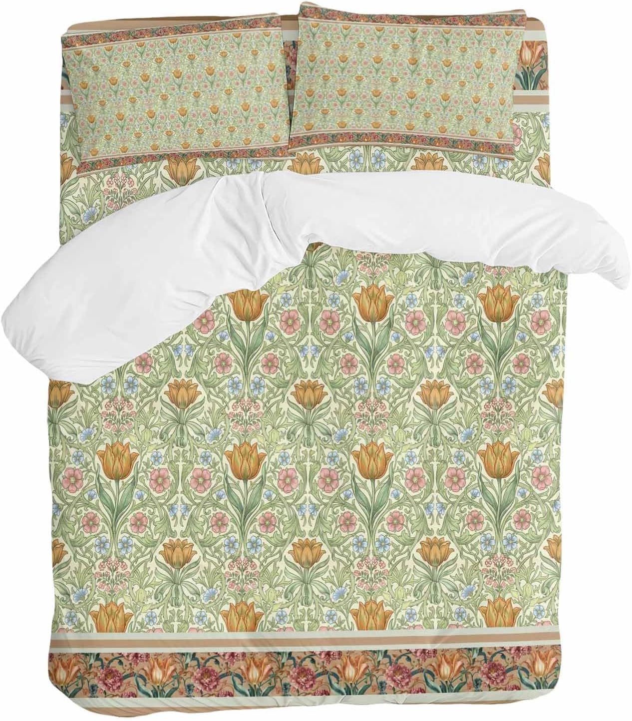 Prime Leader Flowers Duvet Cover Set Queen Size 4 Pieces Ethnic Abstract Yellow Pink Floral Green Leaf Bedding Set with Zipper Closure, 1 Comforter Cover 90x92 Inches 1 Flat Sheet & 2 Pillow Cases