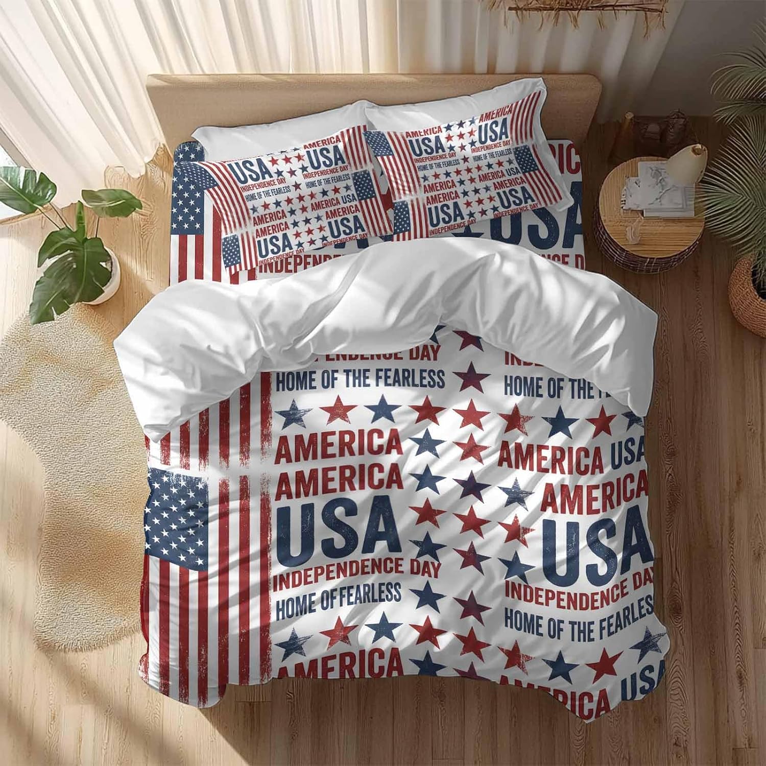 Independence Day Duvet Cover Set Queen Size 4 Pieces Retro American USA Flag Red Stripes Abstract Bedding Set with Zipper Closure, 1 Comforter Cover 92x106 Inches 1 Flat Sheet & 2 Pillow Cases