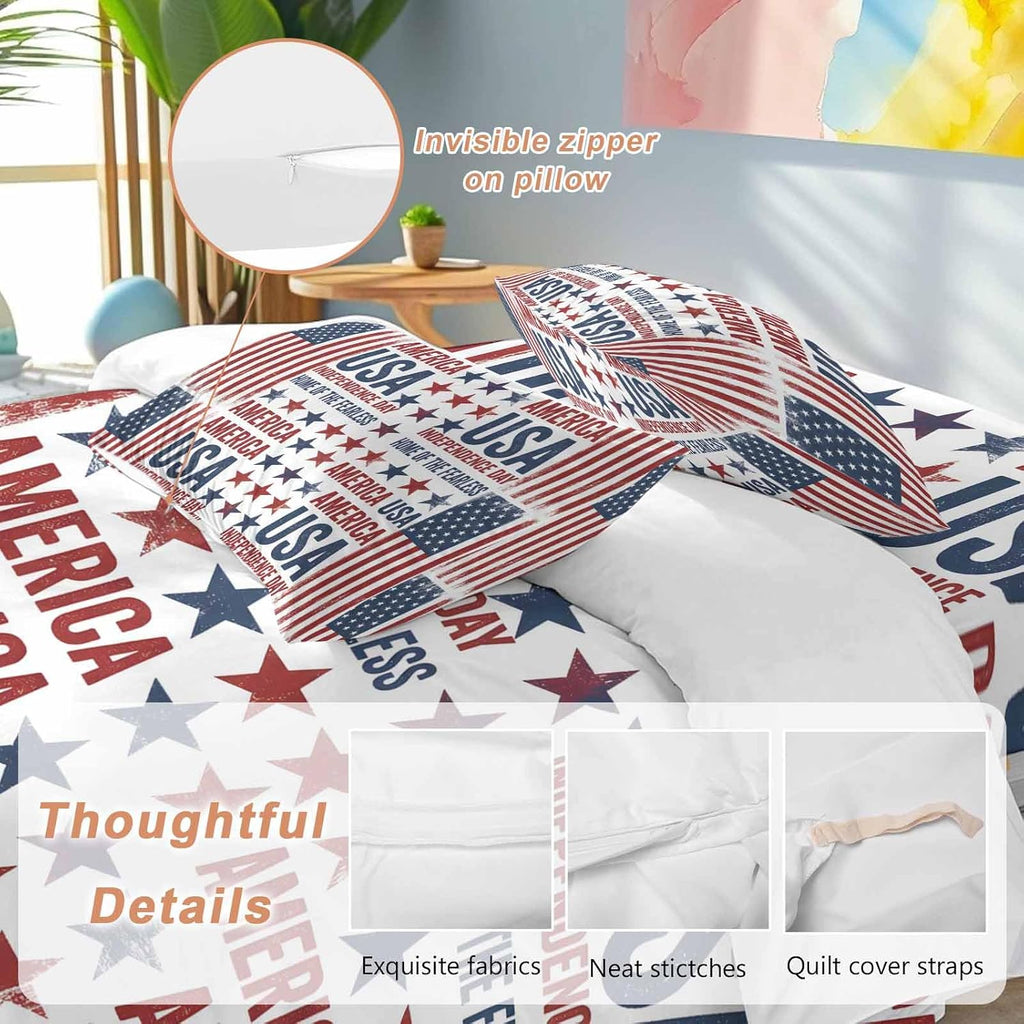 Independence Day Duvet Cover Set Queen Size 4 Pieces Retro American USA Flag Red Stripes Abstract Bedding Set with Zipper Closure, 1 Comforter Cover 90x92 Inches 1 Flat Sheet & 2 Pillow Cases