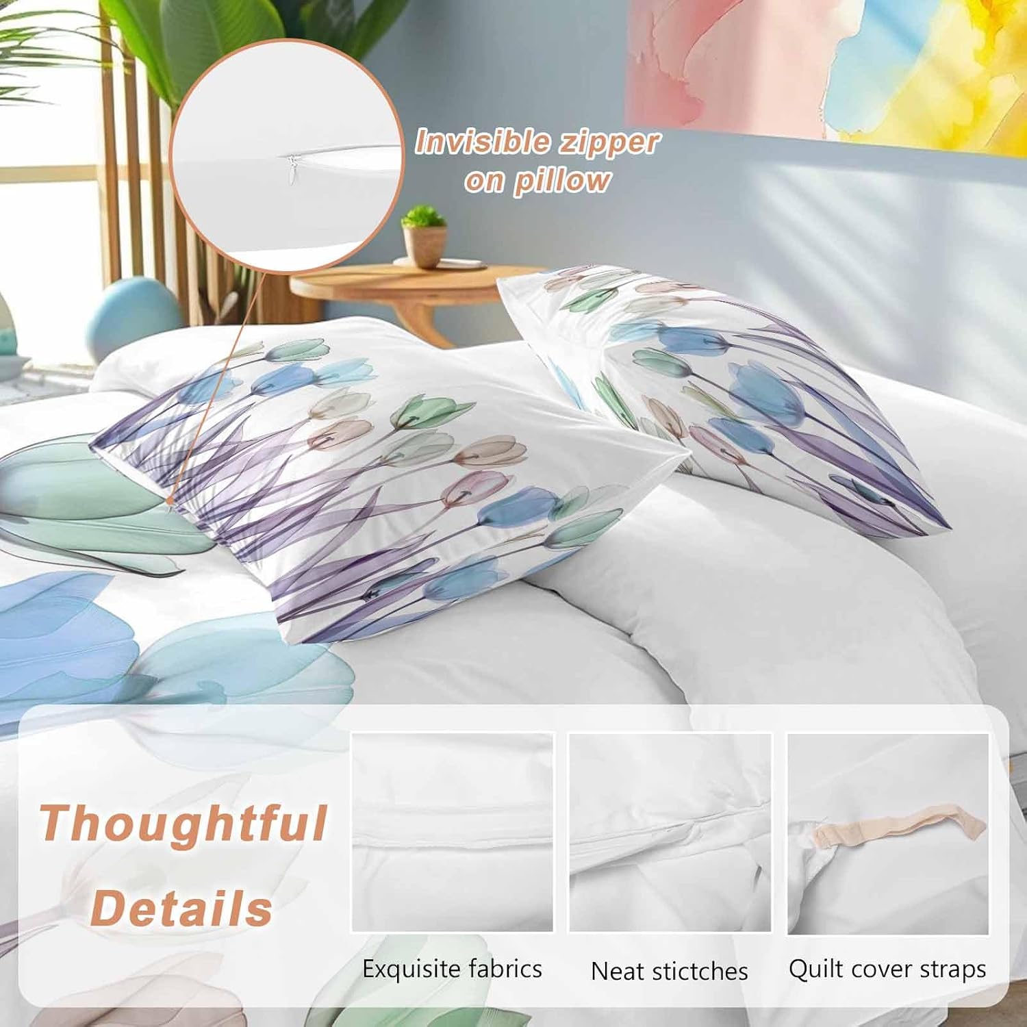 Prime Leader Spring Floral Duvet Cover Set Queen Size 4 Pieces Watercolor Purple Tulip Flowers Pattern Bedding Set with Zipper Closure, 1 Comforter Cover 90x92 Inches 1 Flat Sheet & 2 Pillow Cases