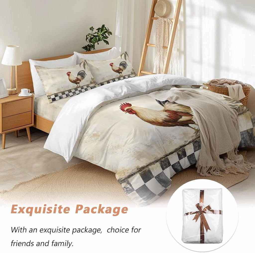 Rooster Chicken Duvet Cover Set Queen Size 4 Pieces Black Plaid Watercolor Vintage Texture Farm Bedding Set with Zipper Closure, 1 Comforter Cover 90x92 Inches 1 Flat Sheet & 2 Pillow Cases